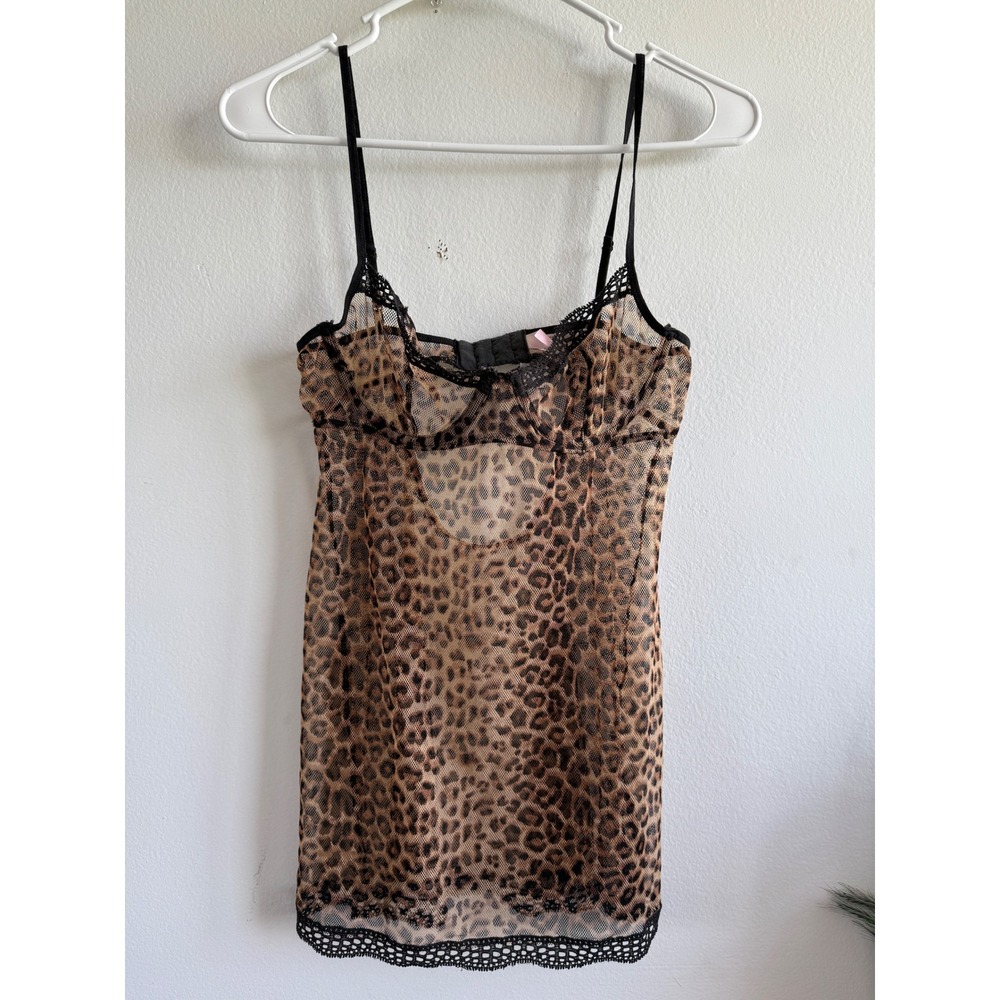 Victoria's Secret Leopard Mesh Underwire Chemise Slip Dress Black Lace Trim M